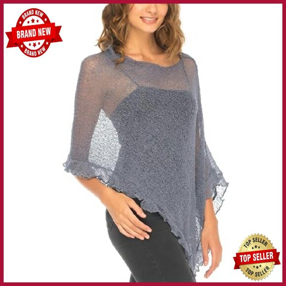 Lightweight Sheer Knit Poncho Shrug Pullover Sweater Top One Size - Picture 4 of 8